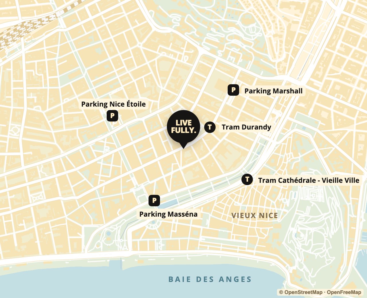 Plan : le cabinet au 29 rue de l’Hôtel des Postes, près des trams Durandy et Cathédrale - Vieille Ville et des parkings Masséna, Nice Étoile et Marshall, à quelques minutes à pied du Vieux Nice et de la mer